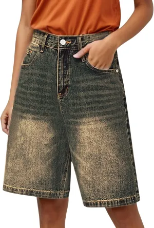 Women Bermuda Denim Shorts Casual High Rise Jean Shorts Straight Wide Leg Jeans Short Summer Lounge Pants w/Pockets