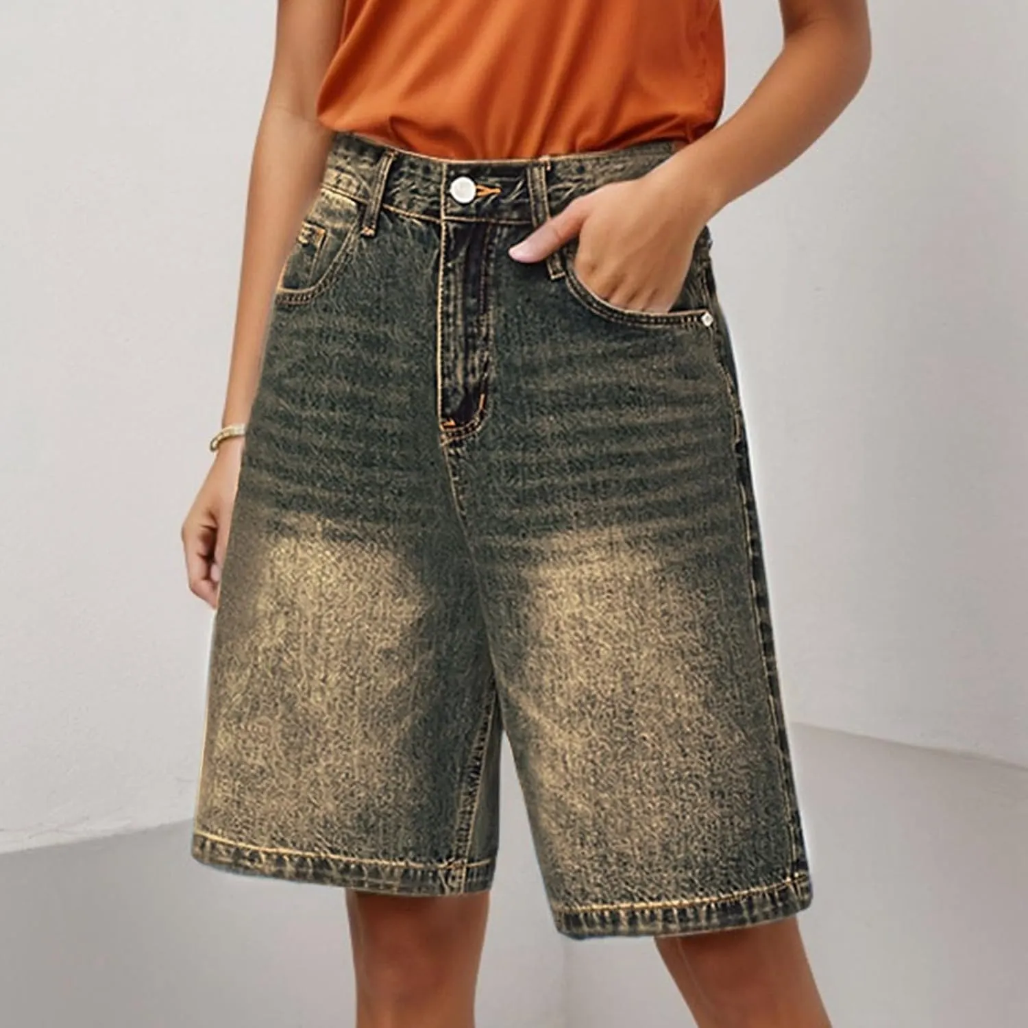 Women Bermuda Denim Shorts Casual High Rise Jean Shorts Straight Wide Leg Jeans Short Summer Lounge Pants w/Pockets