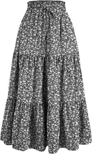 Women Boho Floral Summer Maxi Skirt Elastic High Waist Tiered Pleated Flowy Long Casual Beach Skirt