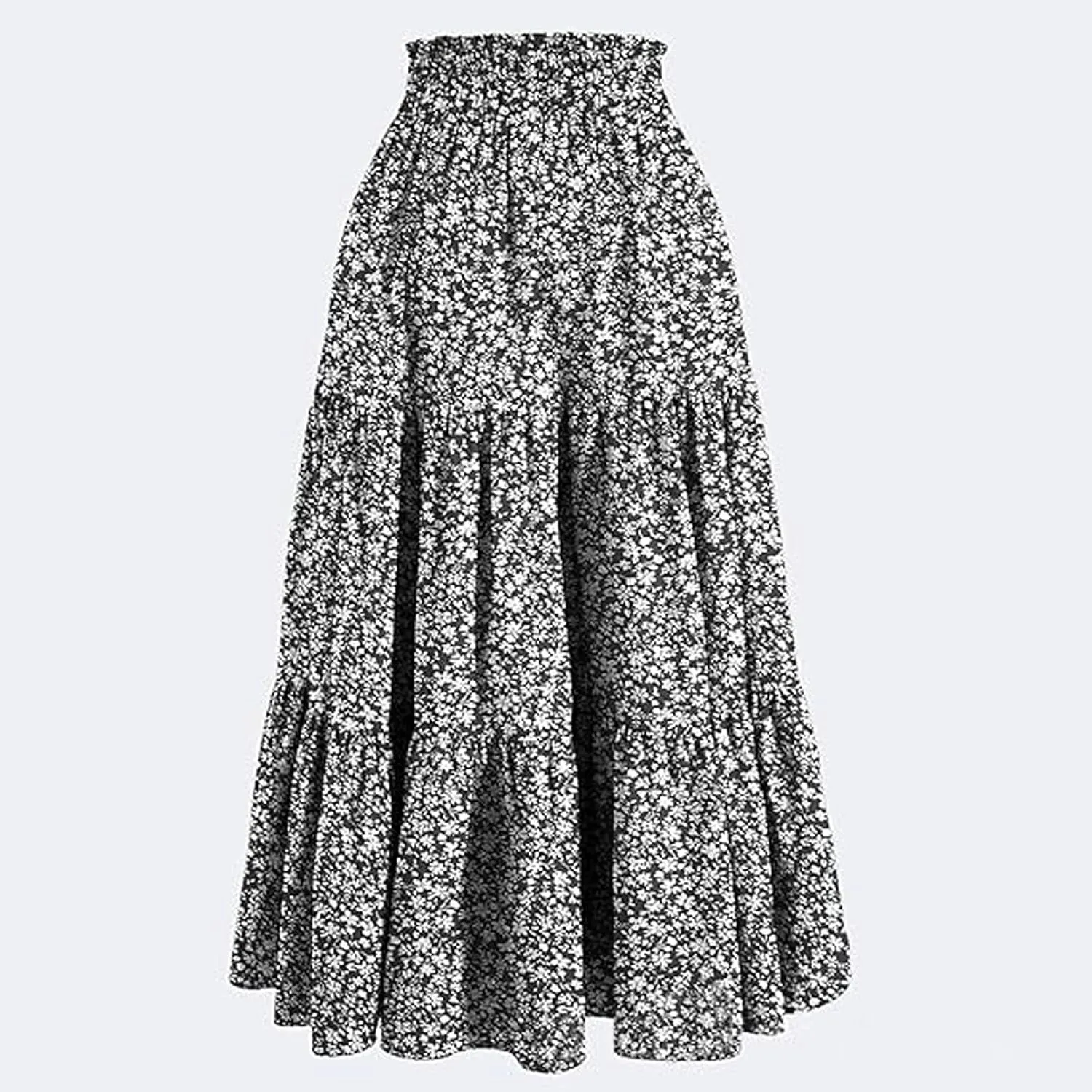 Women Boho Floral Summer Maxi Skirt Elastic High Waist Tiered Pleated Flowy Long Casual Beach Skirt