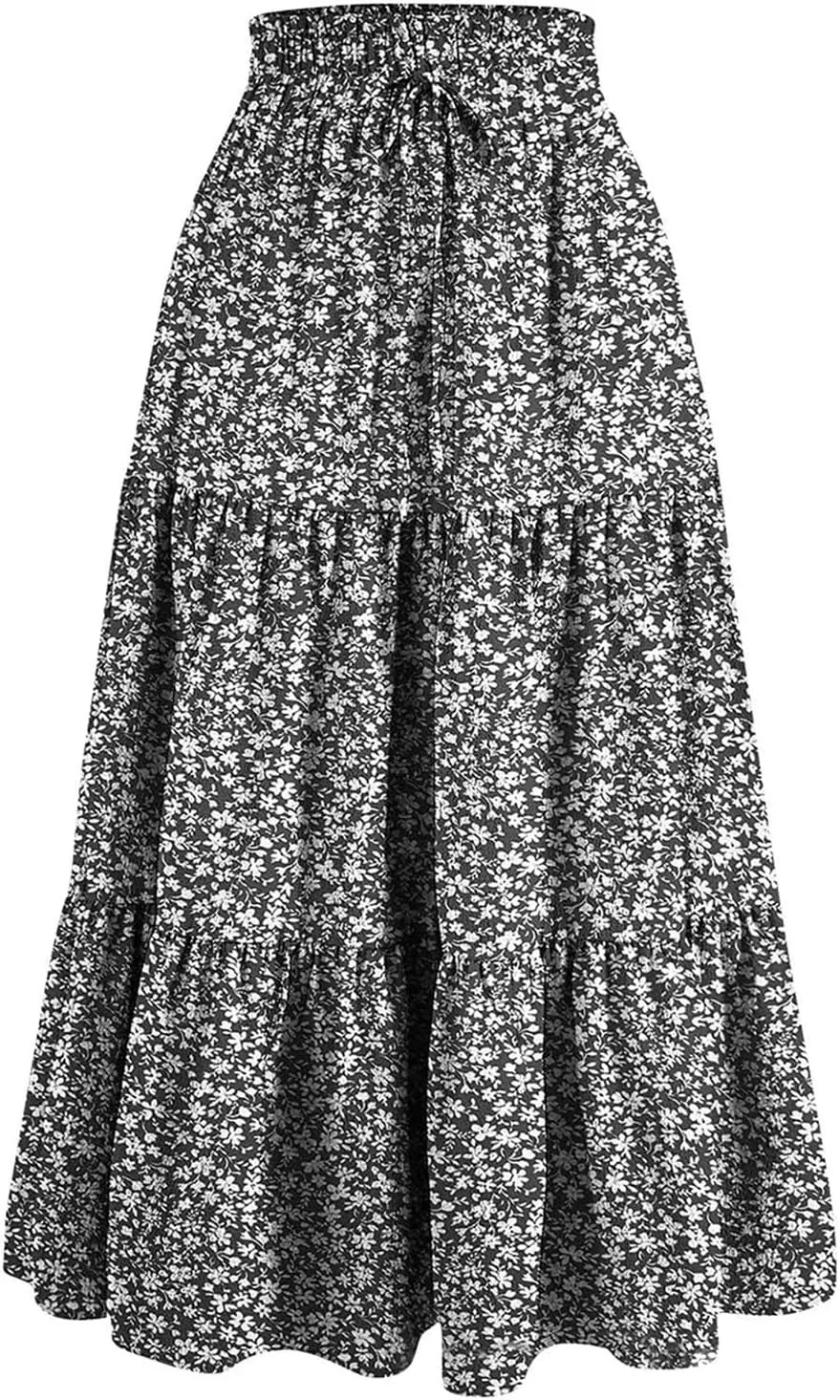 Women Boho Floral Summer Maxi Skirt Elastic High Waist Tiered Pleated Flowy Long Casual Beach Skirt