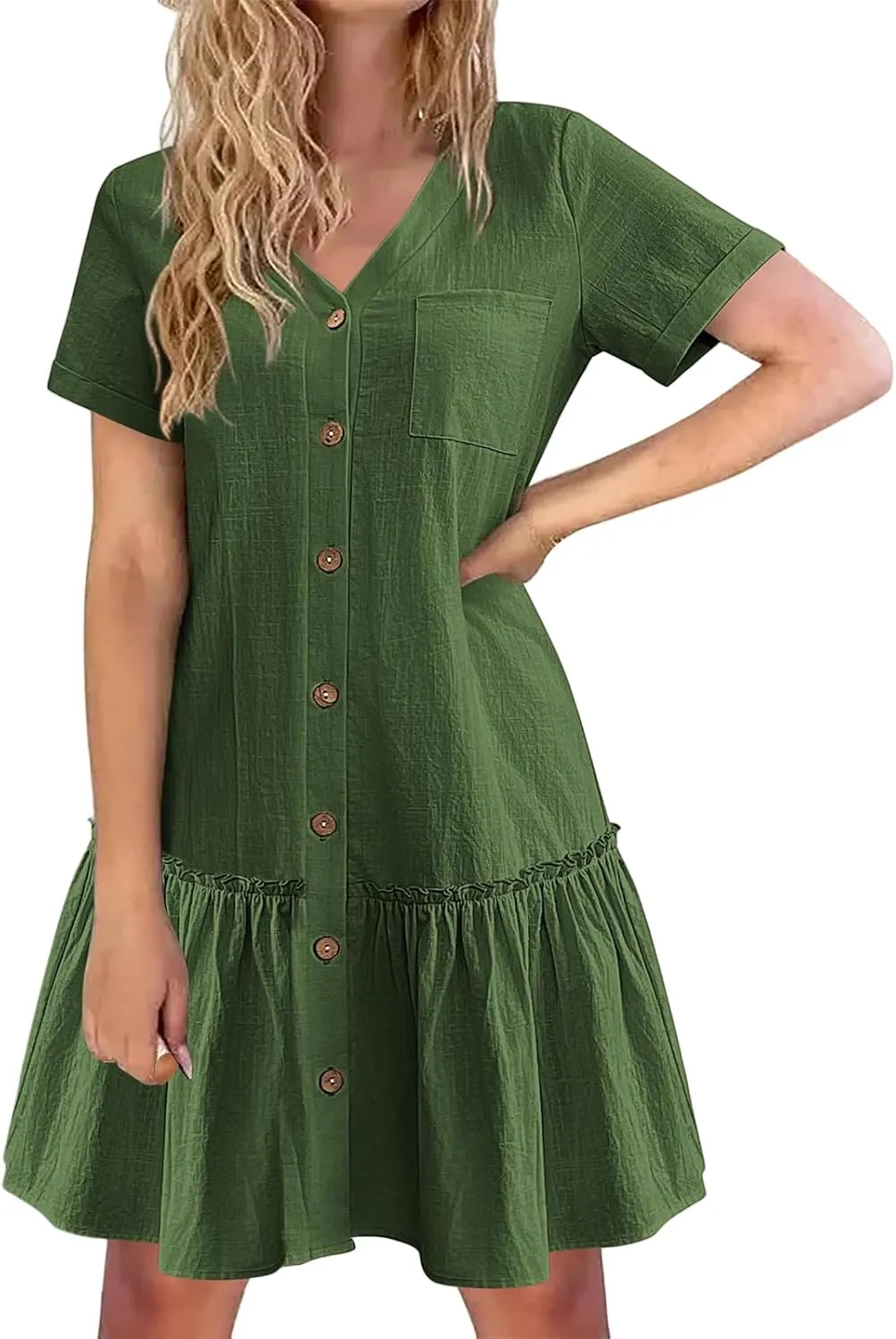 Women Button Down Dress V Neck Tiered Ruffle Hem Mini Dresses Summer Short Sleeve Dress Flowy Swing Sundress