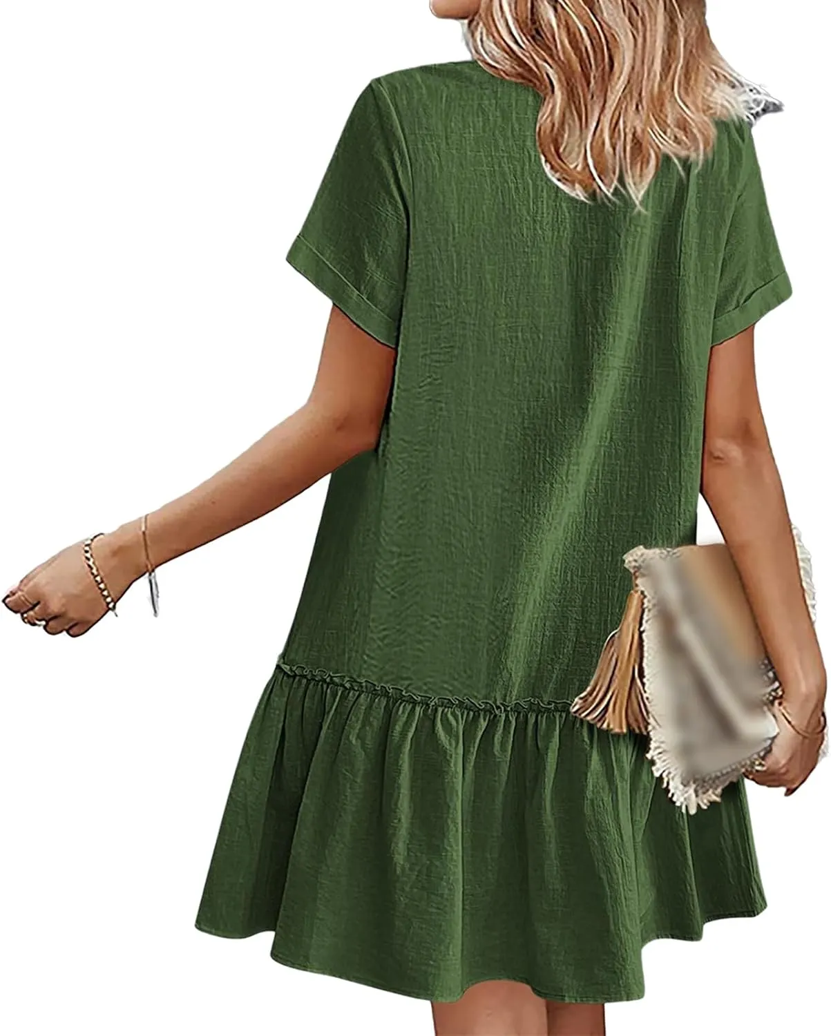 Women Button Down Dress V Neck Tiered Ruffle Hem Mini Dresses Summer Short Sleeve Dress Flowy Swing Sundress