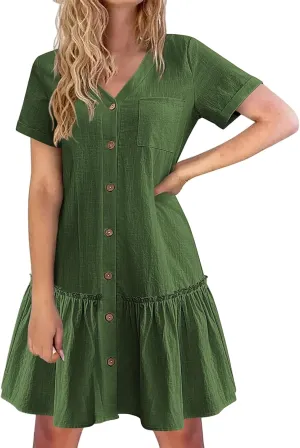 Women Button Down Dress V Neck Tiered Ruffle Hem Mini Dresses Summer Short Sleeve Dress Flowy Swing Sundress