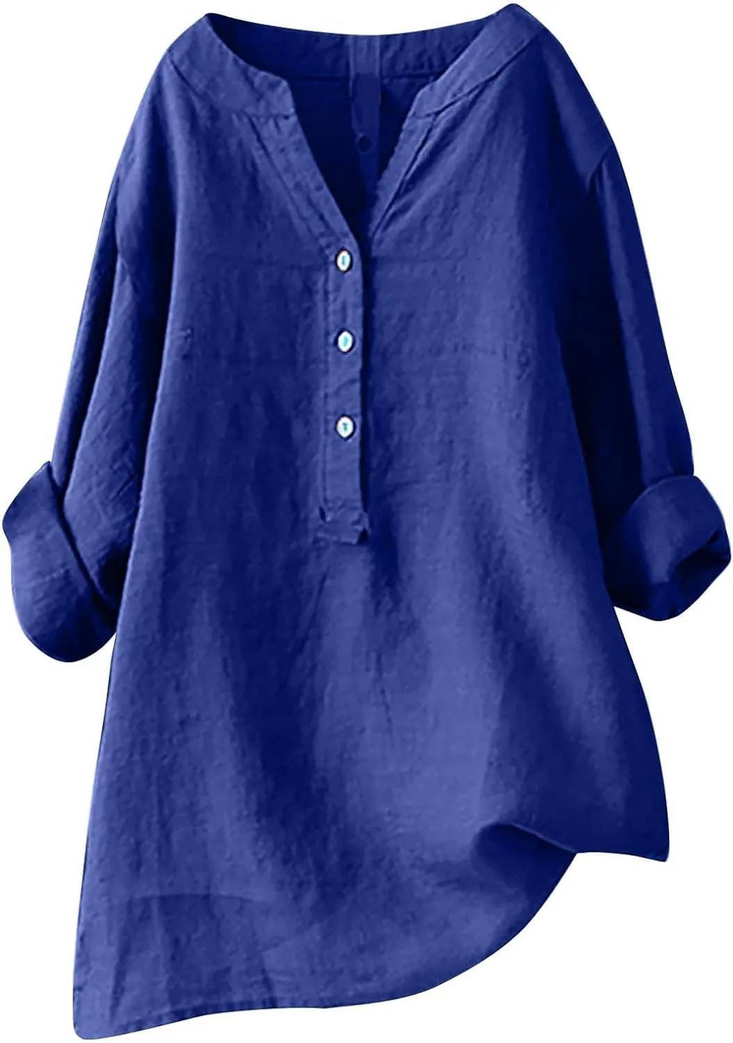 Women Buttons Shirt Cotton Linen Cuffed Sleeve V-Neck Oversized Shirts Casual Loose Solid Blouse Tunic Tops