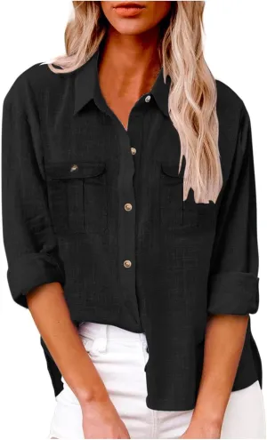 Women Buttons Shirt Cotton Linen Cuffed Sleeve V-Neck Oversized Shirts Casual Loose Solid Blouse Tunic Tops