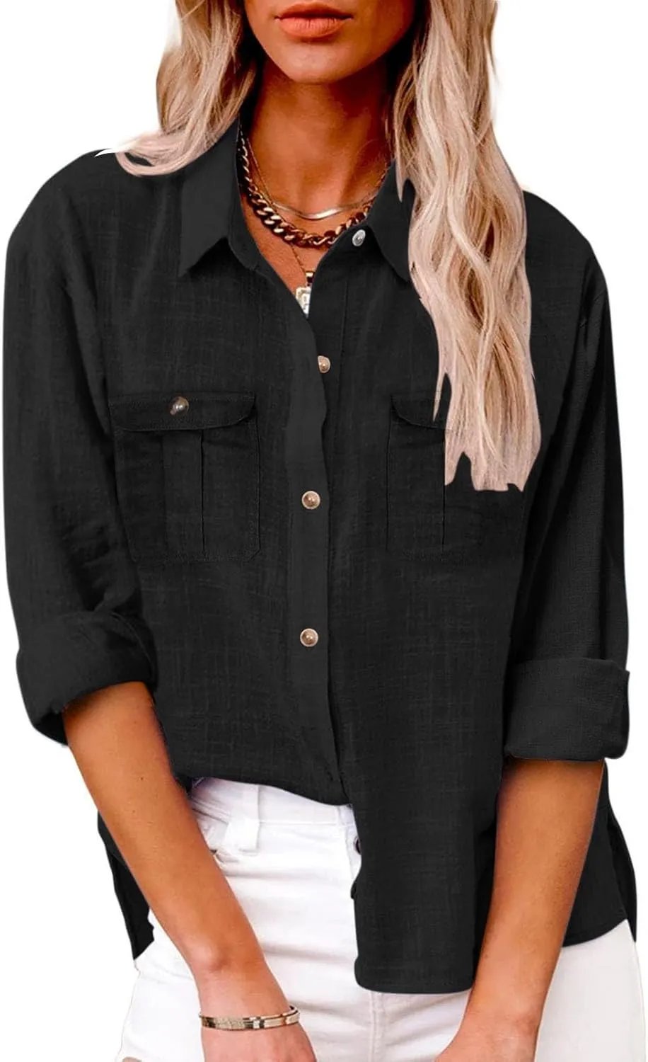Women Buttons Shirt Cotton Linen Cuffed Sleeve V-Neck Oversized Shirts Casual Loose Solid Blouse Tunic Tops