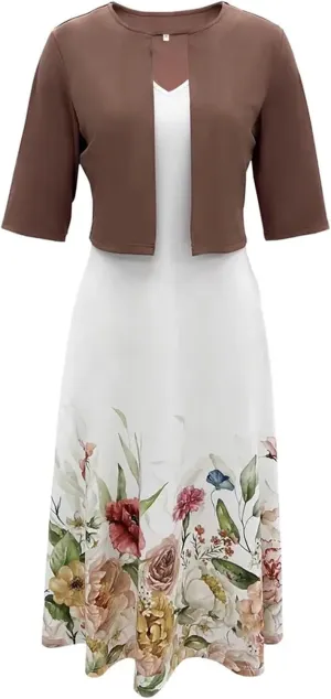 Women Casual Loose Sundress 2 Piece Set Floral Short Sleeve A-Line Midi Dress and Short Sleeve Top Flowy Dress Beach