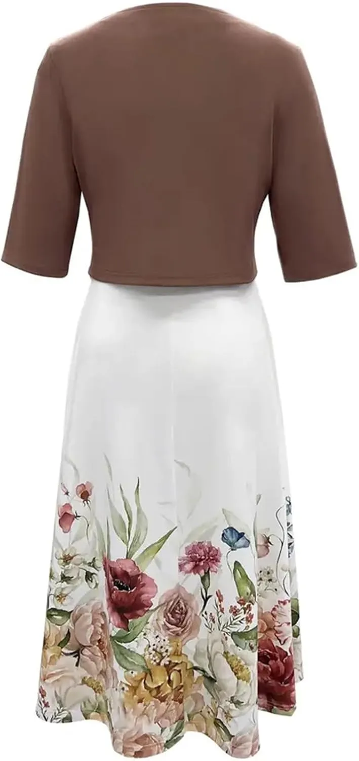 Women Casual Loose Sundress 2 Piece Set Floral Short Sleeve A-Line Midi Dress and Short Sleeve Top Flowy Dress Beach