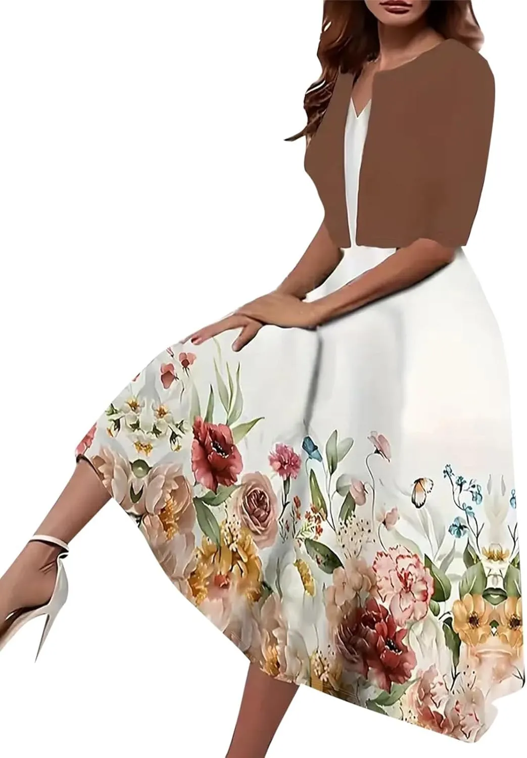Women Casual Loose Sundress 2 Piece Set Floral Short Sleeve A-Line Midi Dress and Short Sleeve Top Flowy Dress Beach