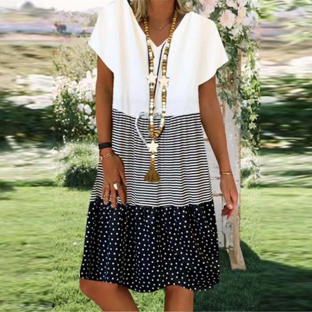 Women Color Block Mini Dress Tiered Short Sleeve V Neck Dresses Reffle Causal Dress 2023 Cute Travel Tunic Dress Clothes