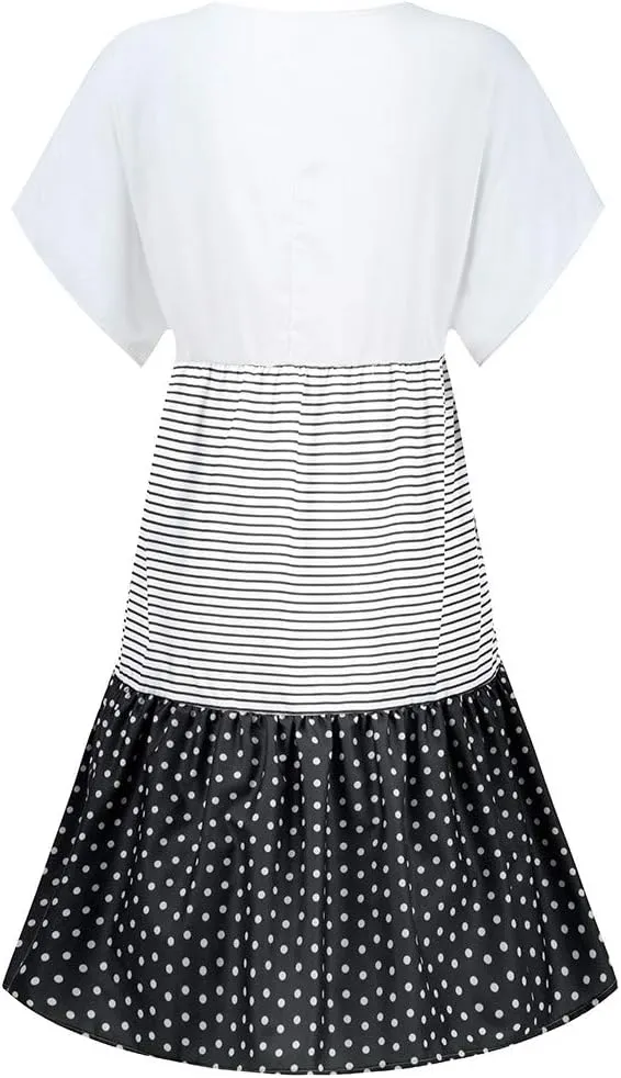 Women Color Block Mini Dress Tiered Short Sleeve V Neck Dresses Reffle Causal Dress 2023 Cute Travel Tunic Dress Clothes