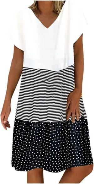 Women Color Block Mini Dress Tiered Short Sleeve V Neck Dresses Reffle Causal Dress 2023 Cute Travel Tunic Dress Clothes