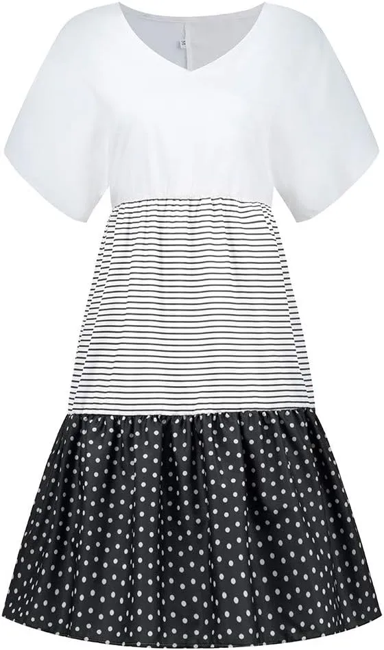 Women Color Block Mini Dress Tiered Short Sleeve V Neck Dresses Reffle Causal Dress 2023 Cute Travel Tunic Dress Clothes