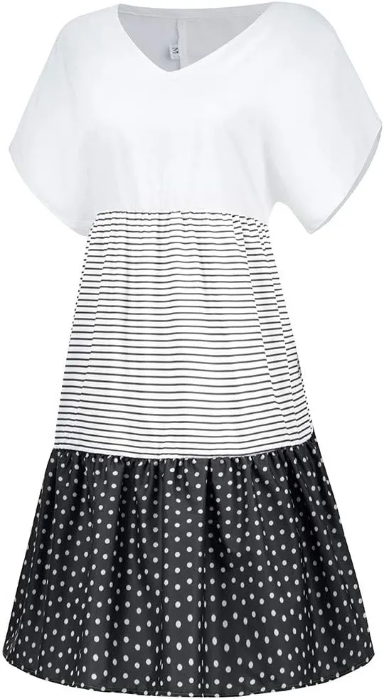 Women Color Block Mini Dress Tiered Short Sleeve V Neck Dresses Reffle Causal Dress 2023 Cute Travel Tunic Dress Clothes