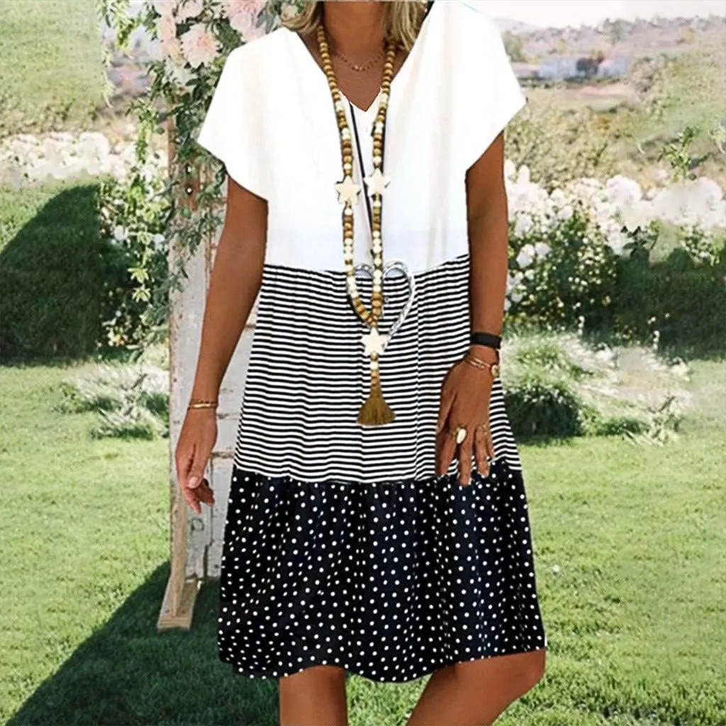 Women Color Block Mini Dress Tiered Short Sleeve V Neck Dresses Reffle Causal Dress 2023 Cute Travel Tunic Dress Clothes