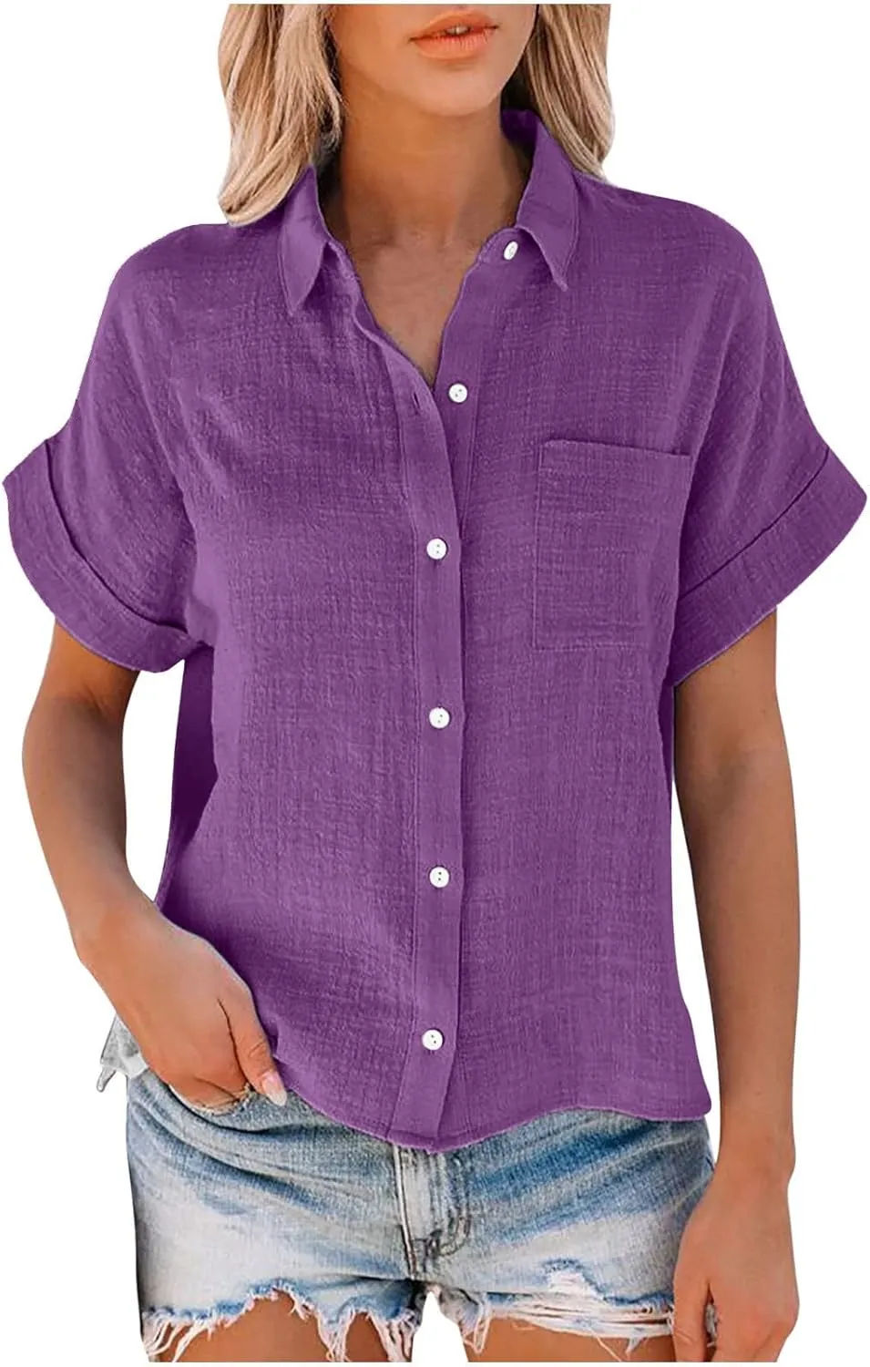 Women Cotton Linen Shirts with Pockets Casual Solid Short Sleeve Button Down Blouse Tunic Shirt Summer Tops Plus Size