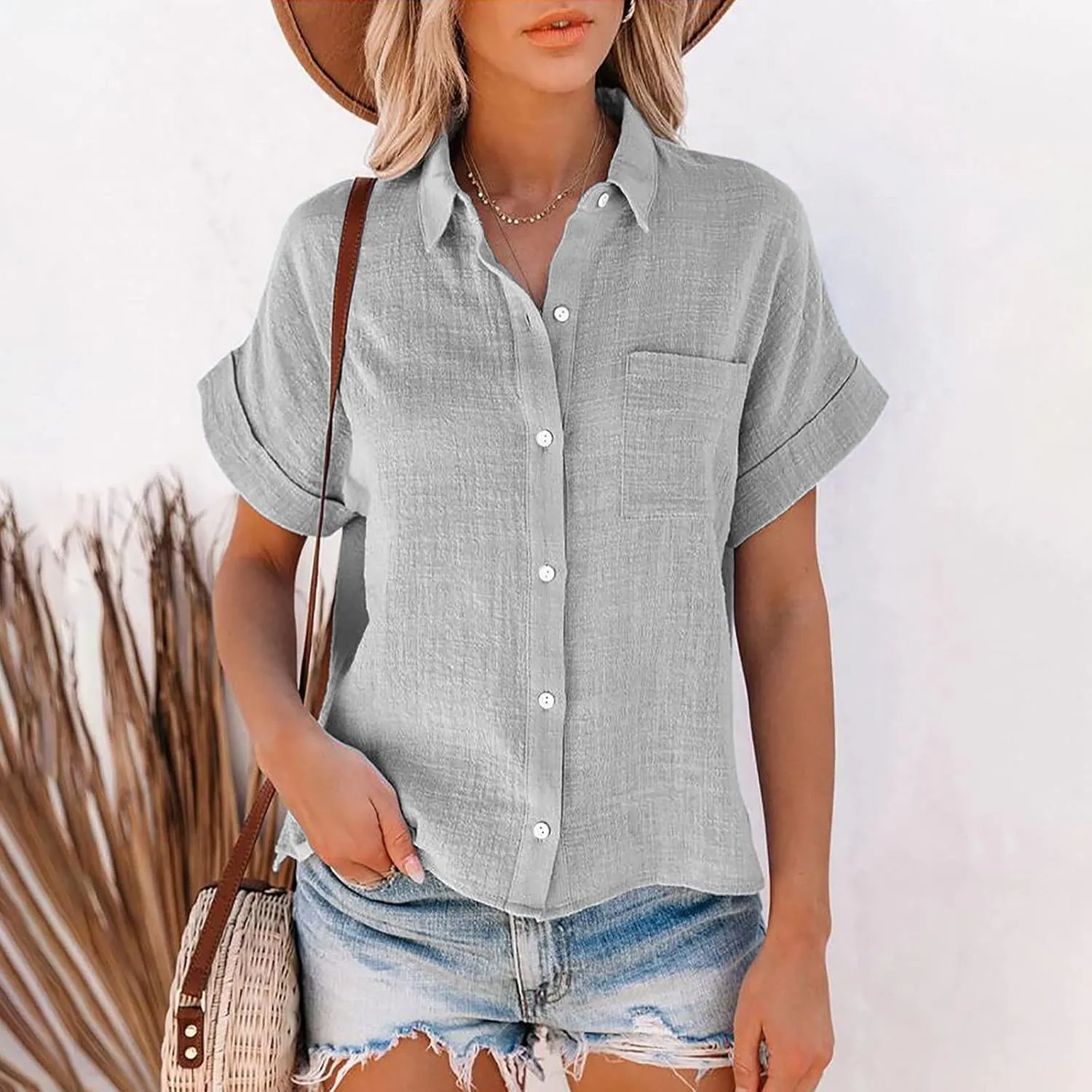Women Cotton Linen Shirts with Pockets Casual Solid Short Sleeve Button Down Blouse Tunic Shirt Summer Tops Plus Size