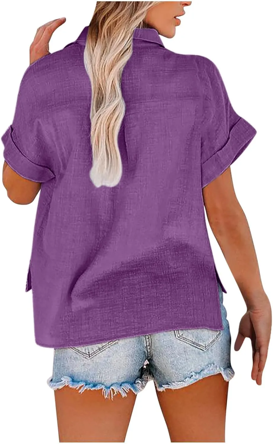Women Cotton Linen Shirts with Pockets Casual Solid Short Sleeve Button Down Blouse Tunic Shirt Summer Tops Plus Size