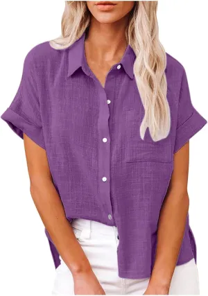 Women Cotton Linen Shirts with Pockets Casual Solid Short Sleeve Button Down Blouse Tunic Shirt Summer Tops Plus Size