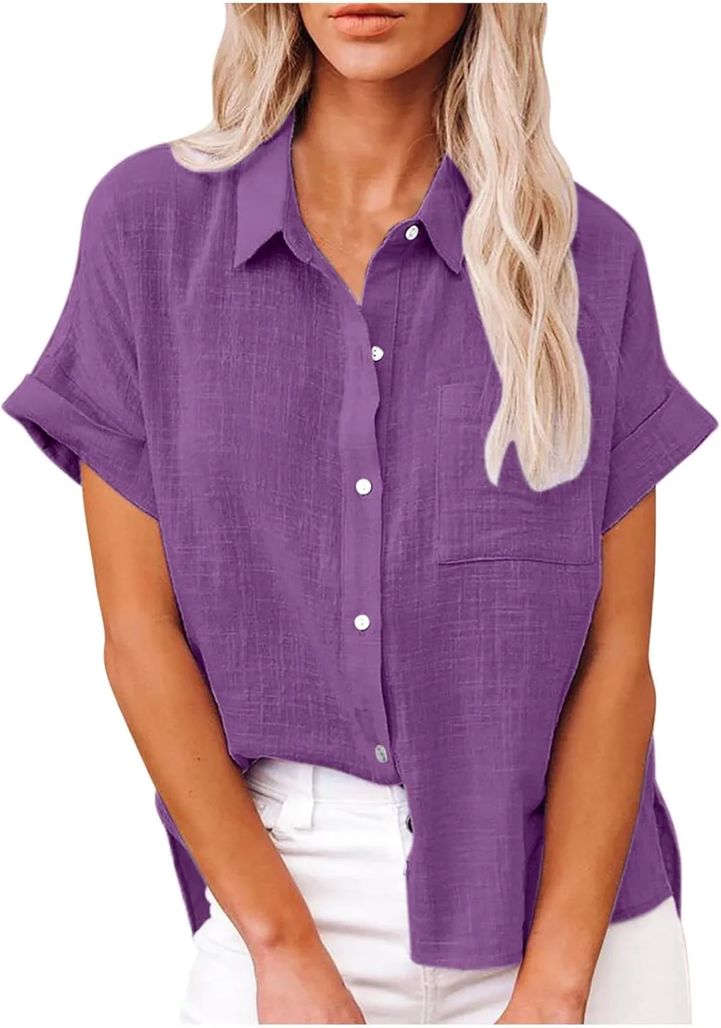 Women Cotton Linen Shirts with Pockets Casual Solid Short Sleeve Button Down Blouse Tunic Shirt Summer Tops Plus Size