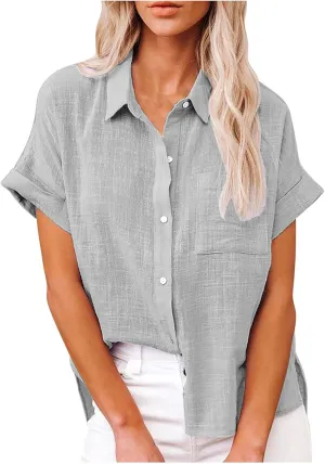 Women Cotton Linen Shirts with Pockets Casual Solid Short Sleeve Button Down Blouse Tunic Shirt Summer Tops Plus Size