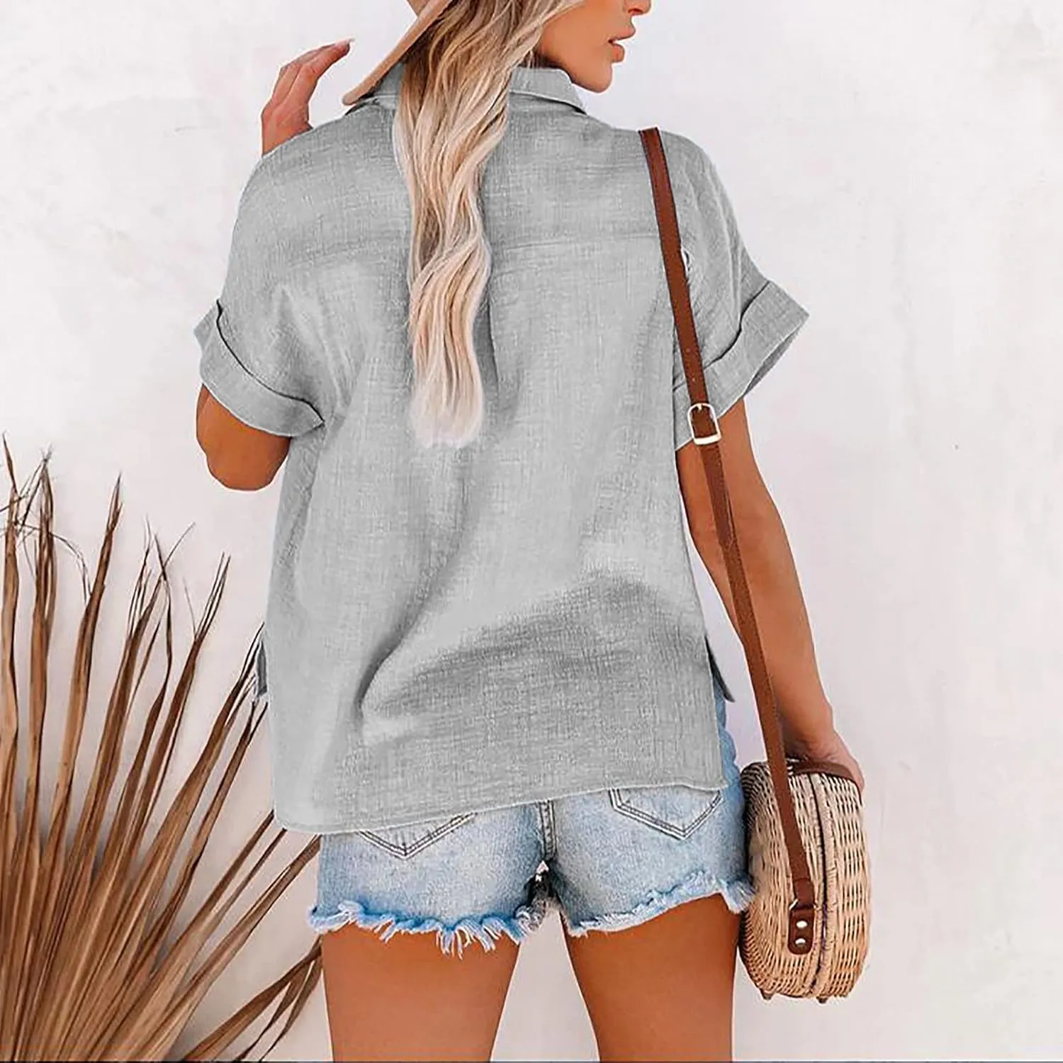 Women Cotton Linen Shirts with Pockets Casual Solid Short Sleeve Button Down Blouse Tunic Shirt Summer Tops Plus Size