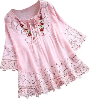 Women Cotton Linen Summer Top Vintage Lace Patchwork Tie-Up V-Neck Tshirt Cute Floral Short Sleeve Blouse Beach Tees