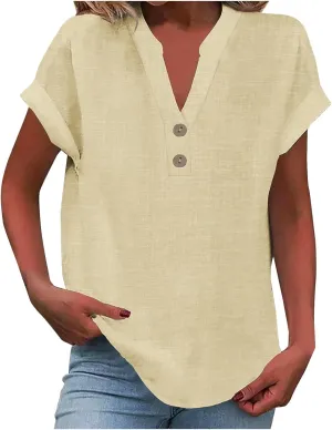 Women Cotton Linen Tees V Neck Tops Rolled Cuffed Short Sleeve Blouse Casual Loose Shirts 2025 Summer Fashion Clothes