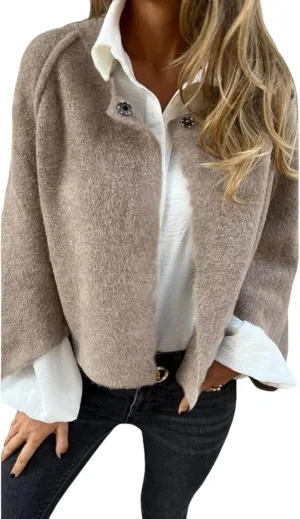 Women Cropped Wool Blend Pea Coat Casual Long Sleeve Crewneck Coat Button Down Cashmere Cardigan for Women