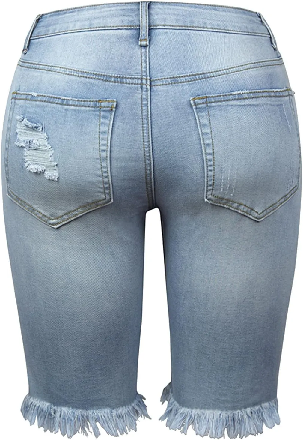 Women Ripped Stretchy Long Jean Shorts Y2K Mid Rise Knee Length Cut Off Frayed Distressed High Waist Bermuda Shorts