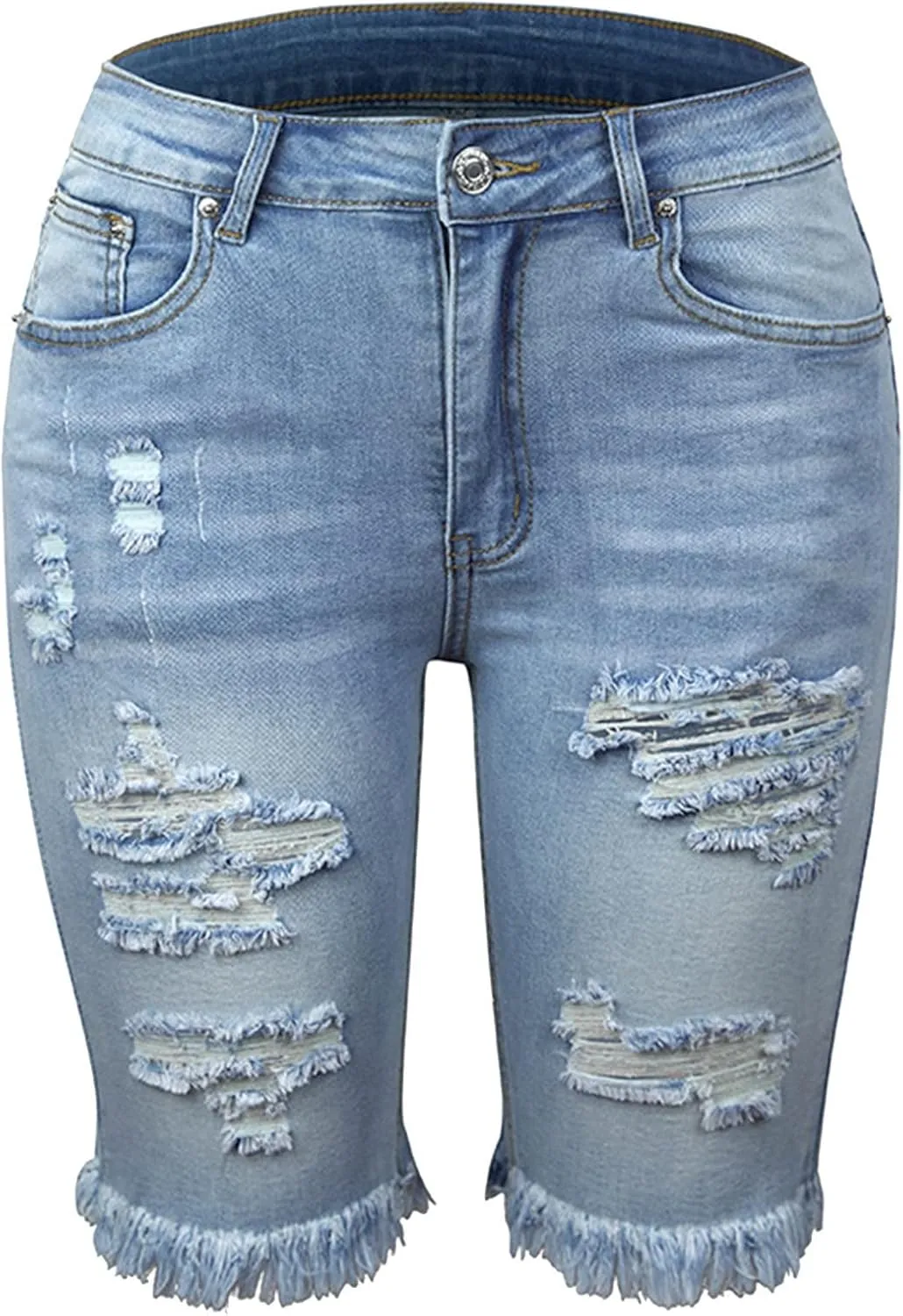 Women Ripped Stretchy Long Jean Shorts Y2K Mid Rise Knee Length Cut Off Frayed Distressed High Waist Bermuda Shorts