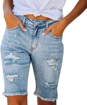 Women Ripped Stretchy Long Jean Shorts Y2K Mid Rise Knee Length Cut Off Frayed Distressed High Waist Bermuda Shorts