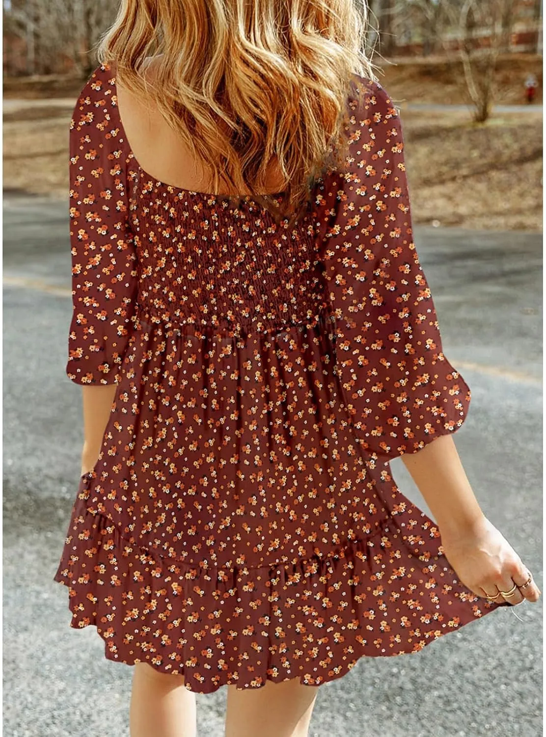 Women Square Neck Smocked Dresses Floral Printed Ruffled Lantern Sleeves A Line Long Dress Swing Mini Dress Sundress