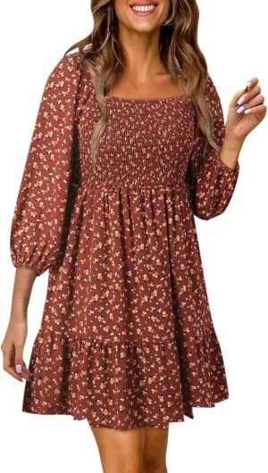 Women Square Neck Smocked Dresses Floral Printed Ruffled Lantern Sleeves A Line Long Dress Swing Mini Dress Sundress