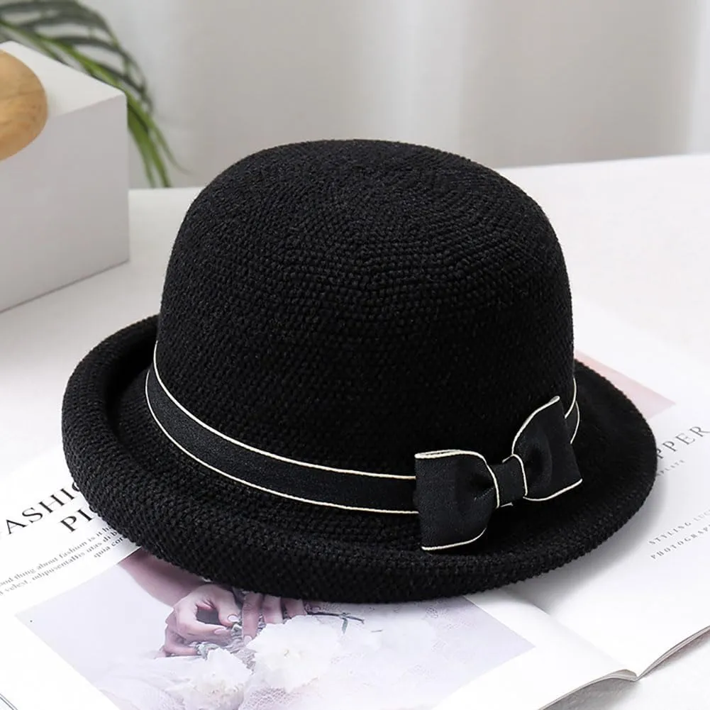 Women Straw Cloche Sun Hat Summer Church Hat Retro 1920s Round Beach Bowler Bucket Hats UPF 50  Rolled Brim Travel Cap