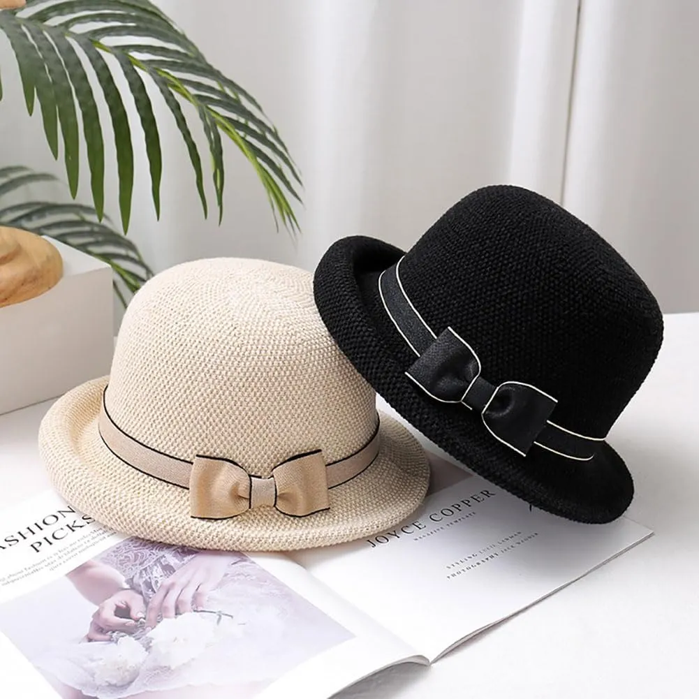 Women Straw Cloche Sun Hat Summer Church Hat Retro 1920s Round Beach Bowler Bucket Hats UPF 50  Rolled Brim Travel Cap