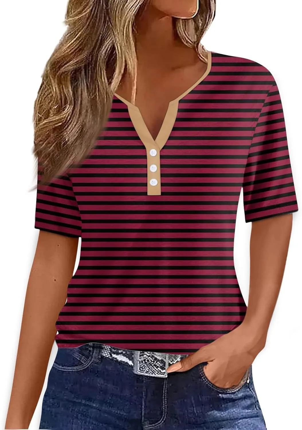 Women Striped Henley T Shirts Button V Neck Casual Summer Tops Comfy Fitted Tunics Short Sleeve Blouses 2025 New