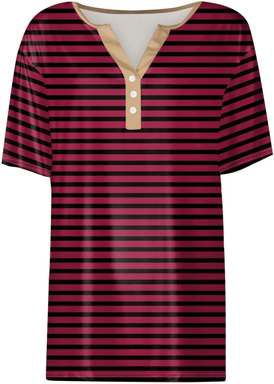 Women Striped Henley T Shirts Button V Neck Casual Summer Tops Comfy Fitted Tunics Short Sleeve Blouses 2025 New
