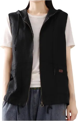 Women Vests with Pocket Hooded Linen Cardigan Casual Loose Stitching Sleeveless Vest Short Jacket Ladies Summer Plus Size Top