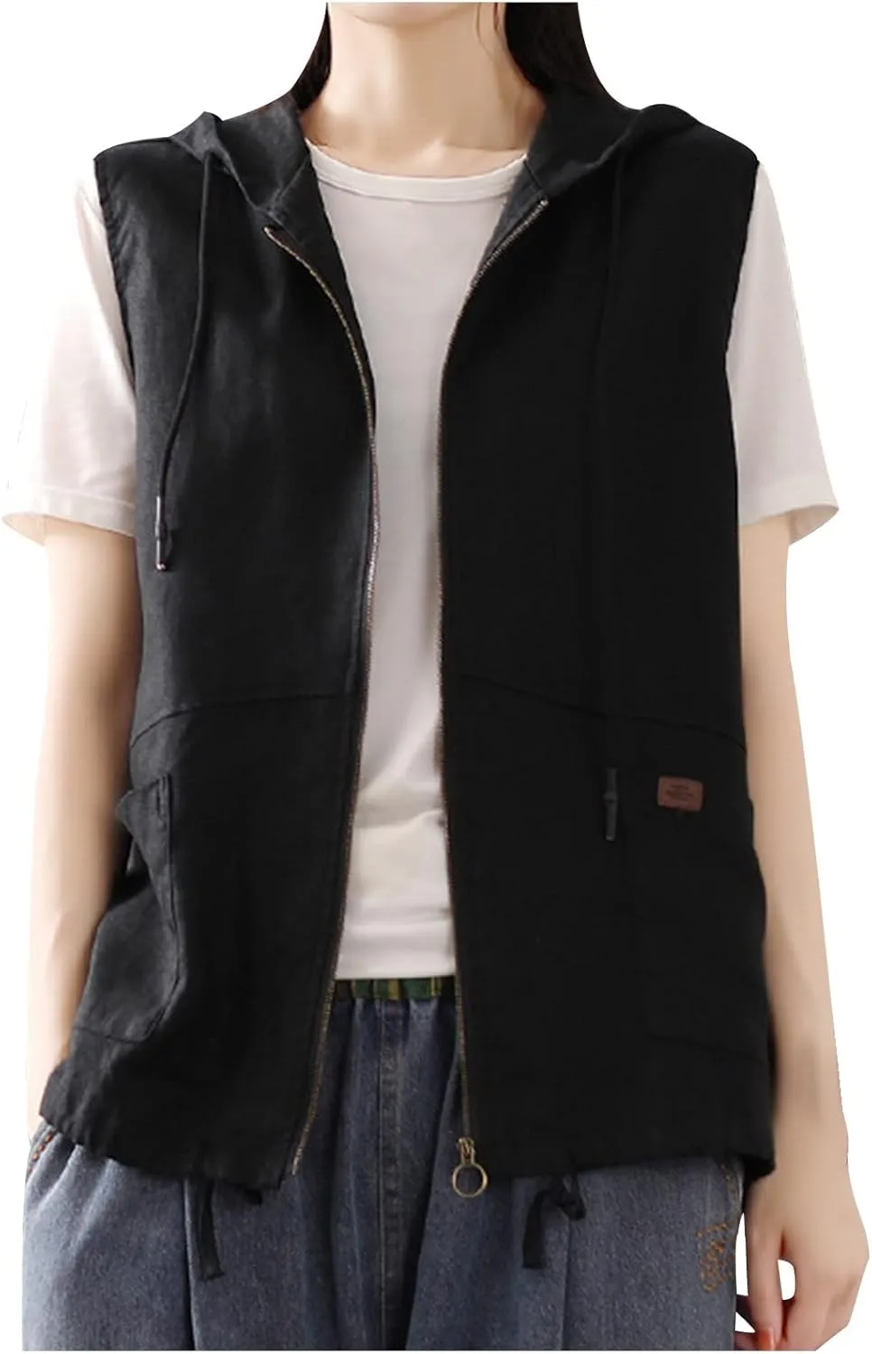 Women Vests with Pocket Hooded Linen Cardigan Casual Loose Stitching Sleeveless Vest Short Jacket Ladies Summer Plus Size Top