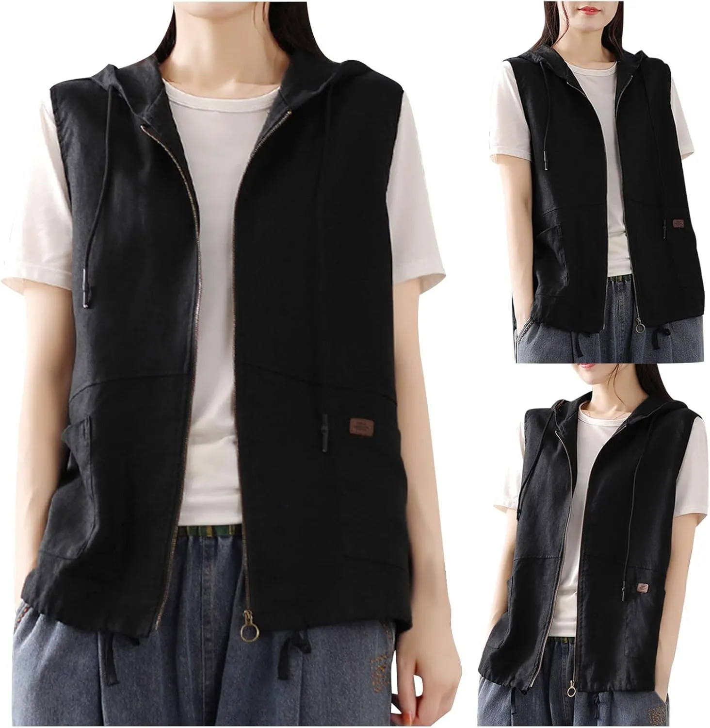 Women Vests with Pocket Hooded Linen Cardigan Casual Loose Stitching Sleeveless Vest Short Jacket Ladies Summer Plus Size Top