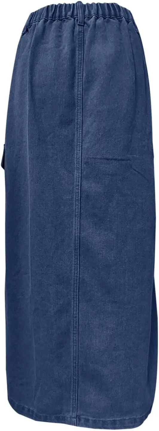 Womens 2025 Summer High Waisted Denim Skirt Button Front Split Hem Stretch Bodycon Midi with Pockets Frayed Edge