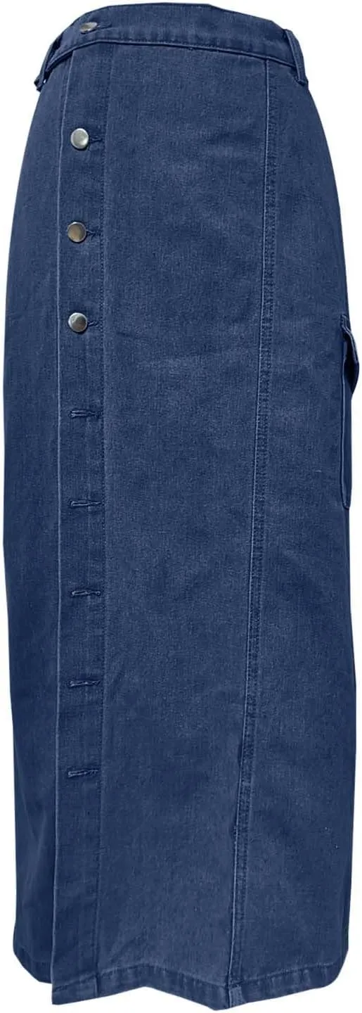 Womens 2025 Summer High Waisted Denim Skirt Button Front Split Hem Stretch Bodycon Midi with Pockets Frayed Edge