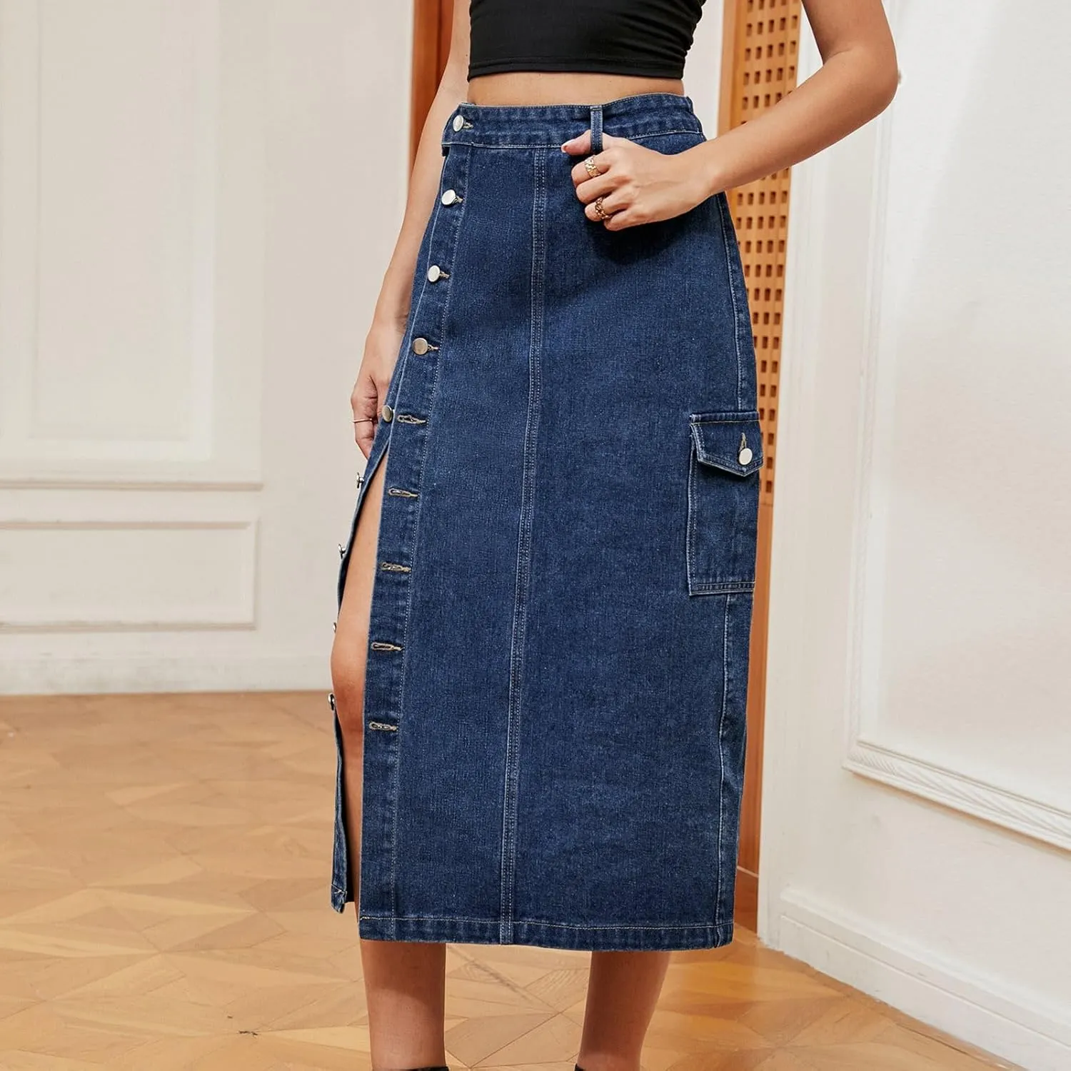 Womens 2025 Summer High Waisted Denim Skirt Button Front Split Hem Stretch Bodycon Midi with Pockets Frayed Edge