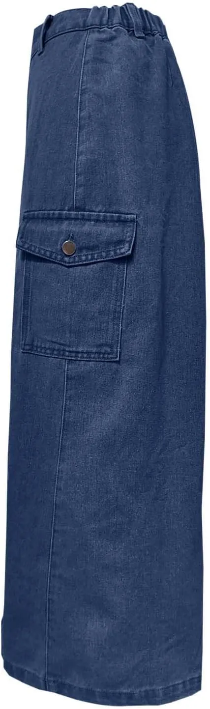 Womens 2025 Summer High Waisted Denim Skirt Button Front Split Hem Stretch Bodycon Midi with Pockets Frayed Edge