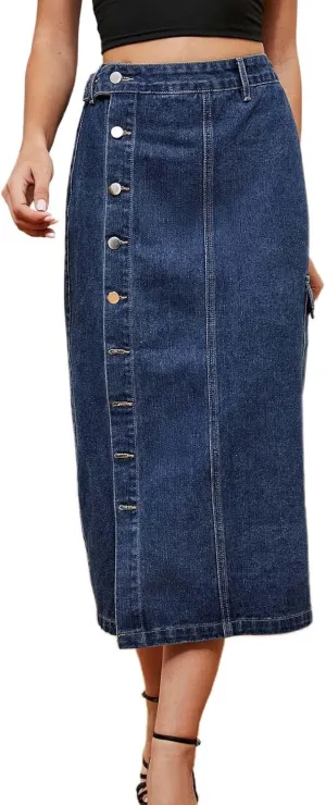 Womens 2025 Summer High Waisted Denim Skirt Button Front Split Hem Stretch Bodycon Midi with Pockets Frayed Edge