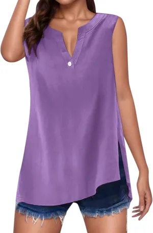 Women's 2025 Summer Tank Top V Neck Sleeveless Button Down T Shirts Trendy Lightweight Casual Loose Side Slit Tops