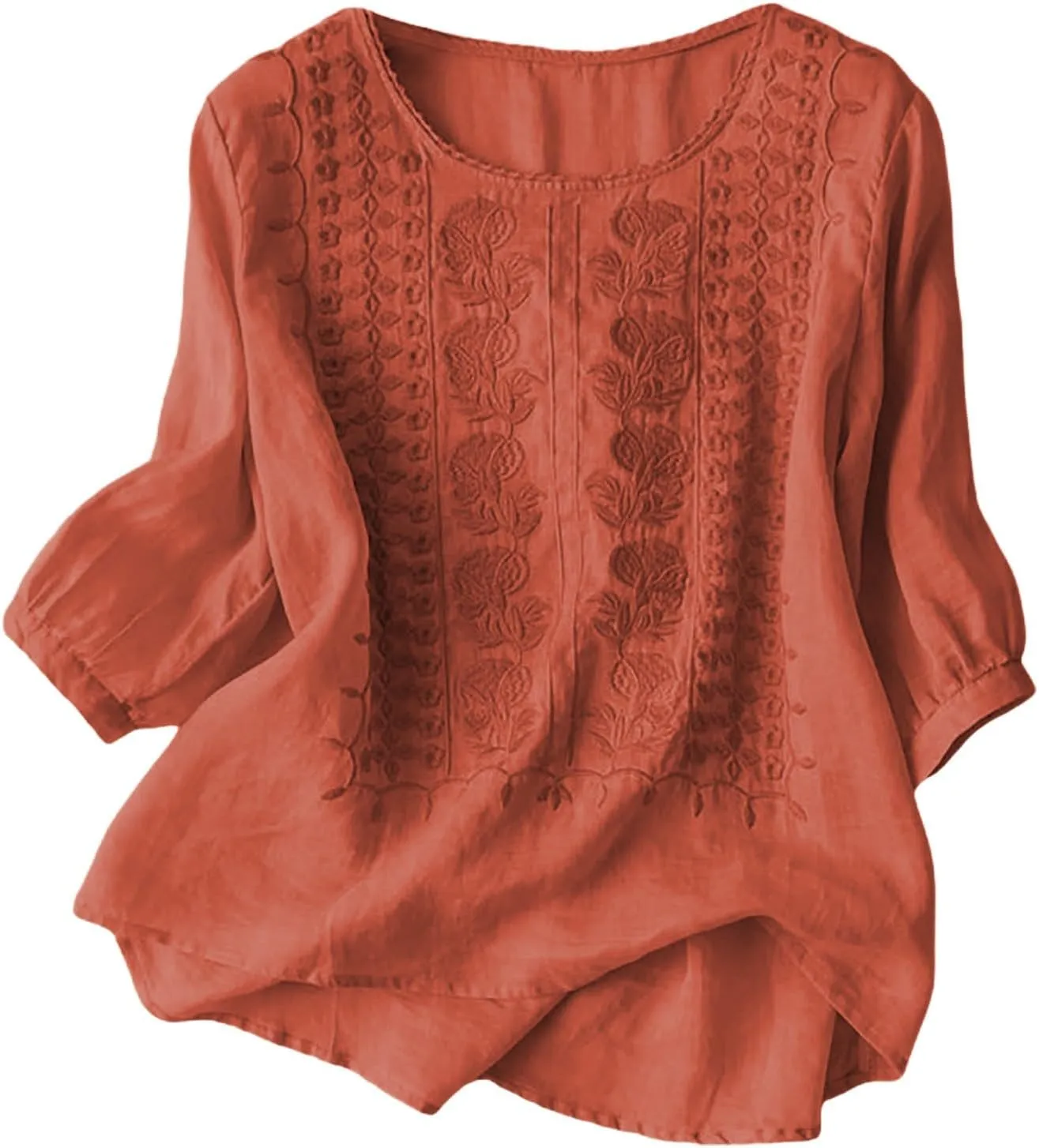Women's 3/4 Sleeve Cotton Linen Jacquard Blouses Top T-Shirt 2025 Loose Fit Crew Neck Floral Embroidery Ruched Shirt