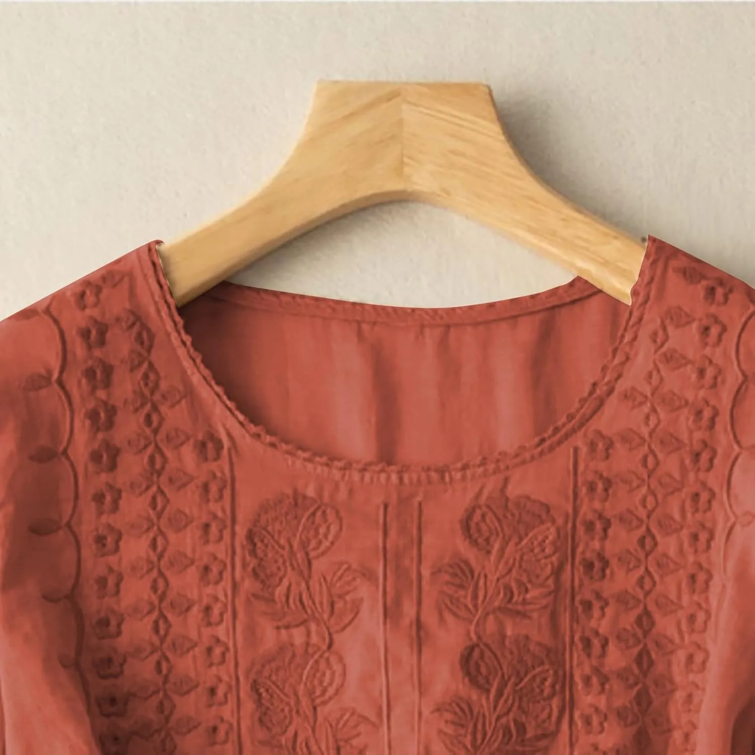 Women's 3/4 Sleeve Cotton Linen Jacquard Blouses Top T-Shirt 2025 Loose Fit Crew Neck Floral Embroidery Ruched Shirt